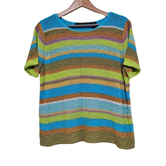 Crazy Horse Shirt Women XL Striped Colorful Artsy Open Knit Rainbow Stretchy - Picture 1 of 8
